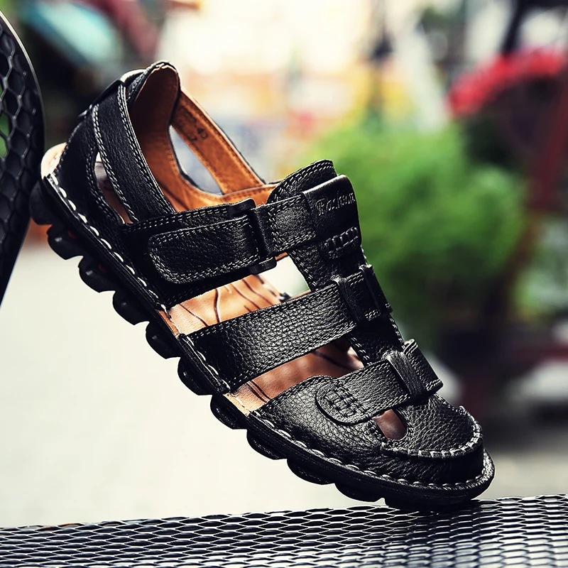 

Summer Beach Man Sandals Black Brown Men Large Sizes Shoes Good Quality Leather Sandal Men Outdoor Man Hiking Sandals