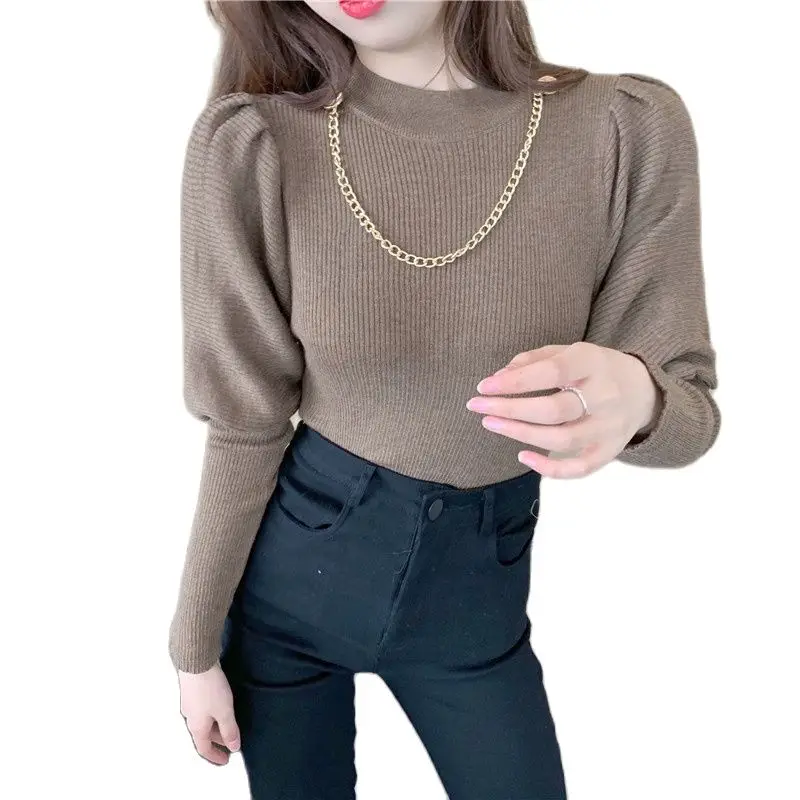 

Женские милые вязаные свитера облегающие с длинным рукавом белые черные однотонные пуловеры с цепочками Женская Осенняя Верхняя одежда То...