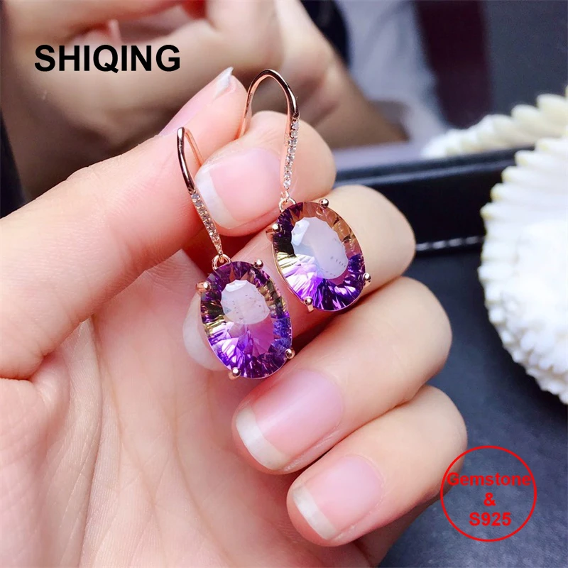 

SHIQING Real Ametrine big gemstone 925 sterling silver bling earrings 10*14mm