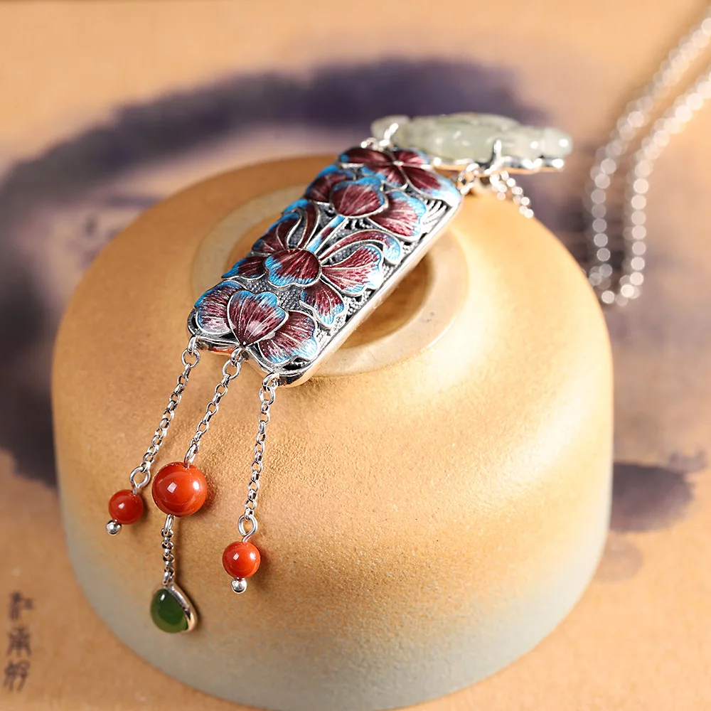 

BOCAI New Real Pure s925 silver burnt blue Hetian jade sapphire phoenix pendant retro Chinese style Woman sweater chain