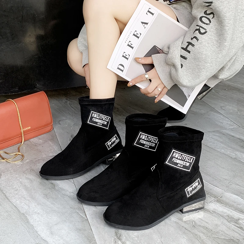 New Luxury Designer Vintage British Style Stretch Shoes Winter Women Letter Print Plus Velvet Keep Warm Thick Heels Martin Boots | Обувь