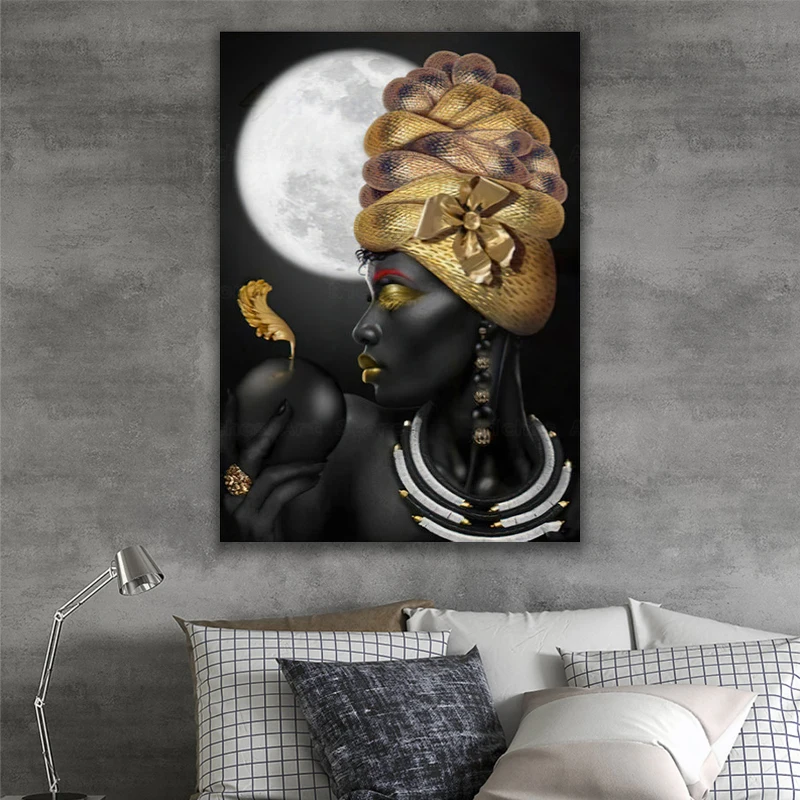 

African Woman Canvas Painting Golden and Black Women Posters And Prints Scandinavian Wall Decor Art Pictures For Home Design
