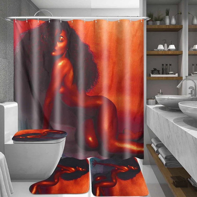 

4Pcs/Set Carpet Bathroom Foot Pad African Lady Woman Bath Mat and Shower Curtain Set Toilet Seat Covers Home Decor