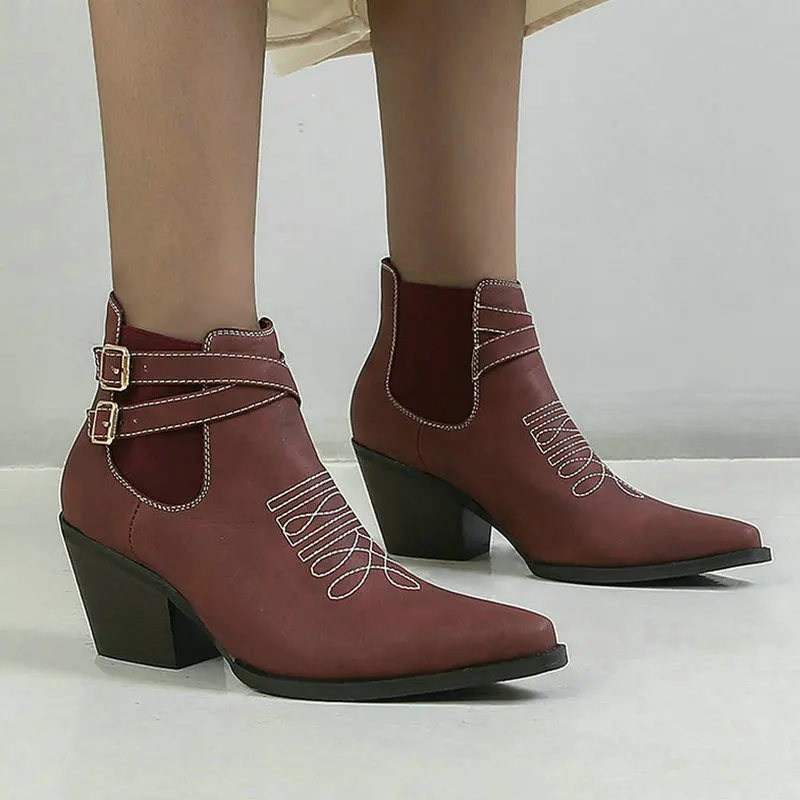 

Wine Red Yellow Women Ankle Boots Microfiber Square Heel Ladies Work Boots High Quality Buckle Women Buckle Boots Plus Size 43