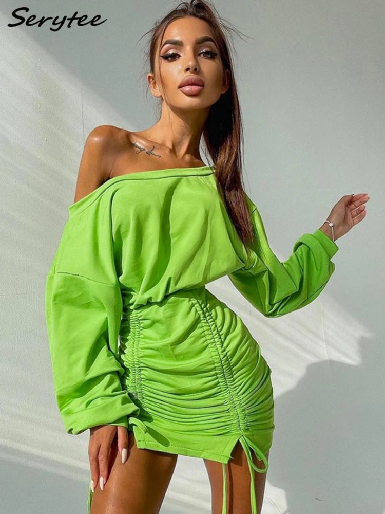 

Serytee Sexy Off Shoulder Long Sleeve Sweatshirts Green Dress For Women 2021 Drawstring Tuched Bodycon Cotton Dress Casual Robe