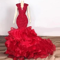 dark red cascading ruffles prom dresses mermaid 2020 lace beaded organza v neck evening gowns party dresses robes de soriee