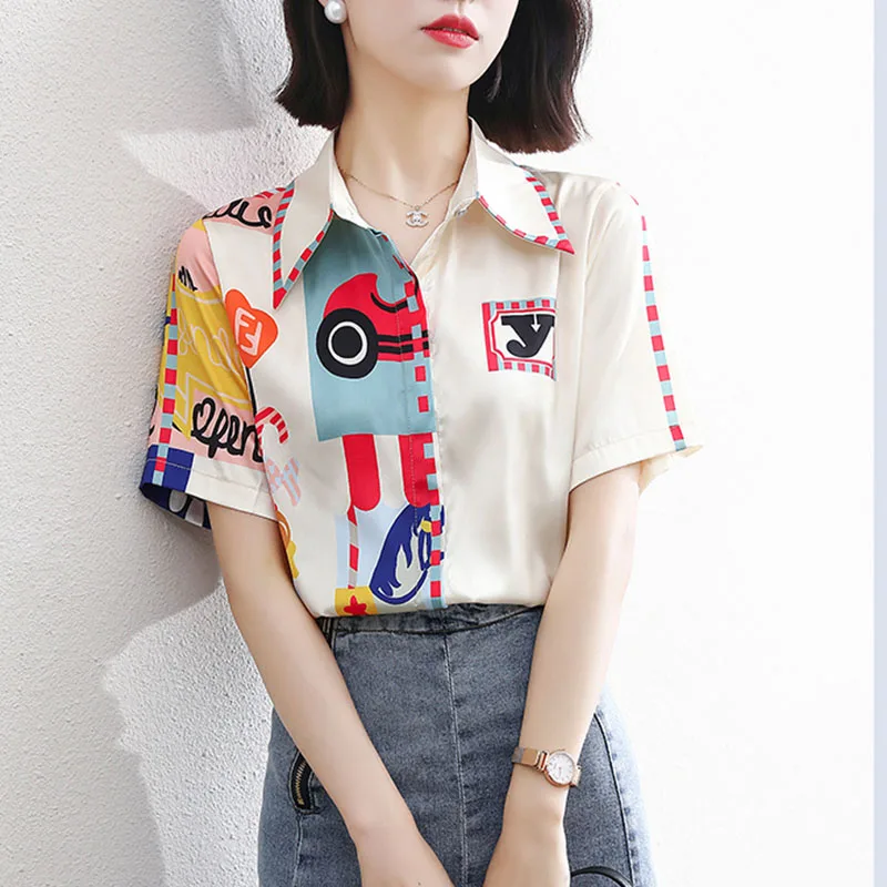 

2021 Summer Woman's Blouses Chiffon T-shirts Button Art Printed Tops High-end Tee 3XL Casual Blouses