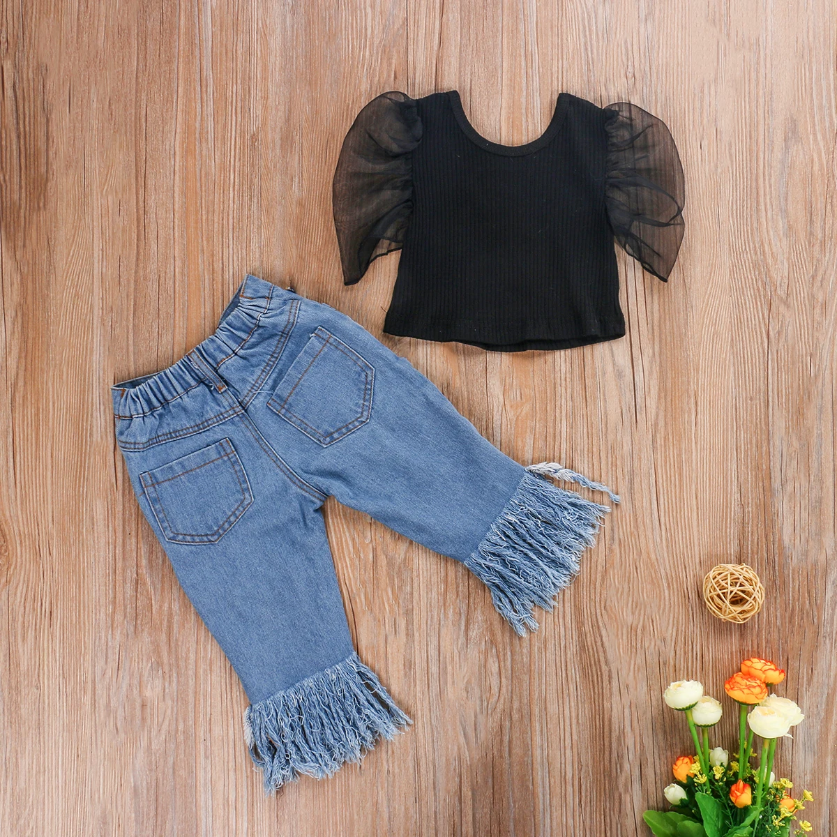 Summer Kids Girl Sets Clothing Fashion Mesh Puff Sleeve Black Crop Tops+Beads Holes Flare Pants Child Streetwear Outfits |