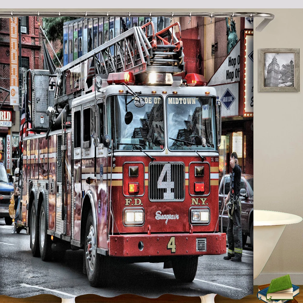

Fire truck showe curtain waterproof polyester curtain shower drop shipping bathroom curtain