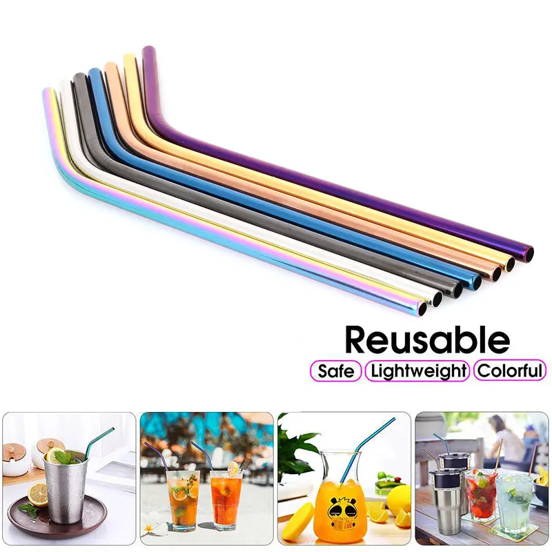 

1Pcs Stainless Steel 21.5x0.6cm Cocktail Party Colorful Drinking Straw Beautiful 304 Kitchen Fruit Juice Elbow Straw