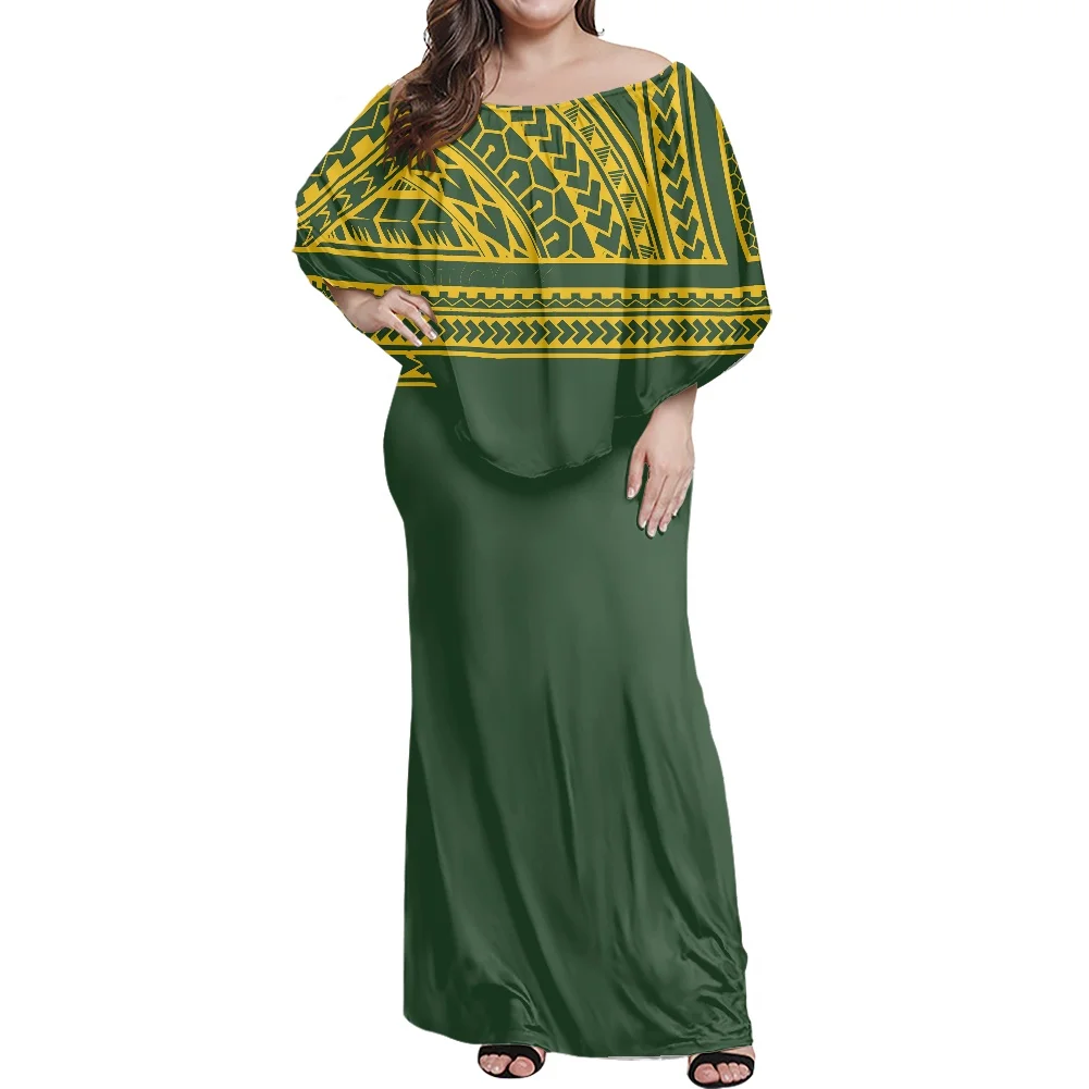 Sublimation Print Polynesian Tribal Design Ethnic Style Women Ruffle Long Dress Elegant Green Female Casual Dress Quality Dress