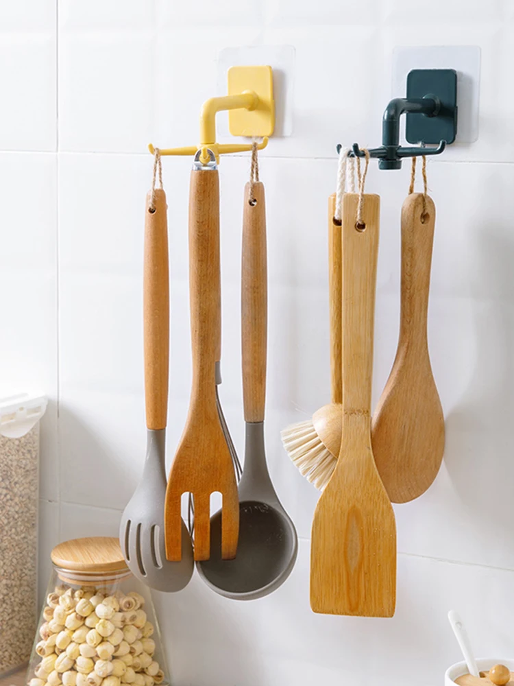 

orange Rotating Racks Holder Kitchen Organizer Telescopic Self Adhesive Storage 4 Hooks Cooking Spoon Hanging Bathroom Wall
