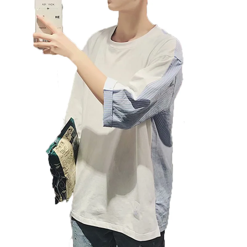 

Men's Short Sleeve Three-Quarter-Length-Sleeved T-shirt Ins Hong Kong Style Summer All-Matching Loose Clothes Half Sleeve