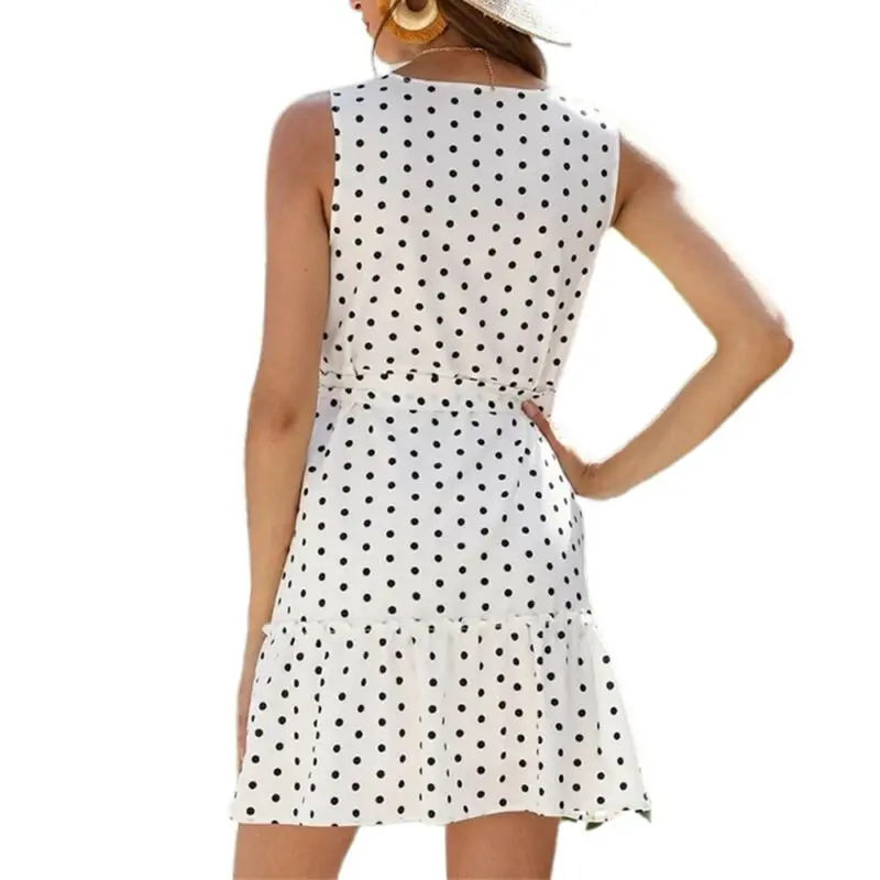 

Women's Casual Polka Dot Sundress Holiday Beach Travel Button V Neck Short Dress