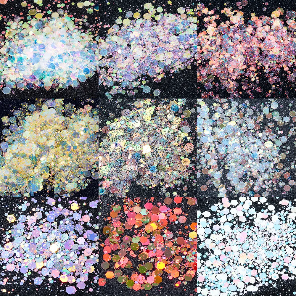 

50G Holographic Mixed Hexagon Shape Chunky Nail Glitter Silver Sequins Laser Sparkly Flakes Slices Manicure Nails Art Decoration