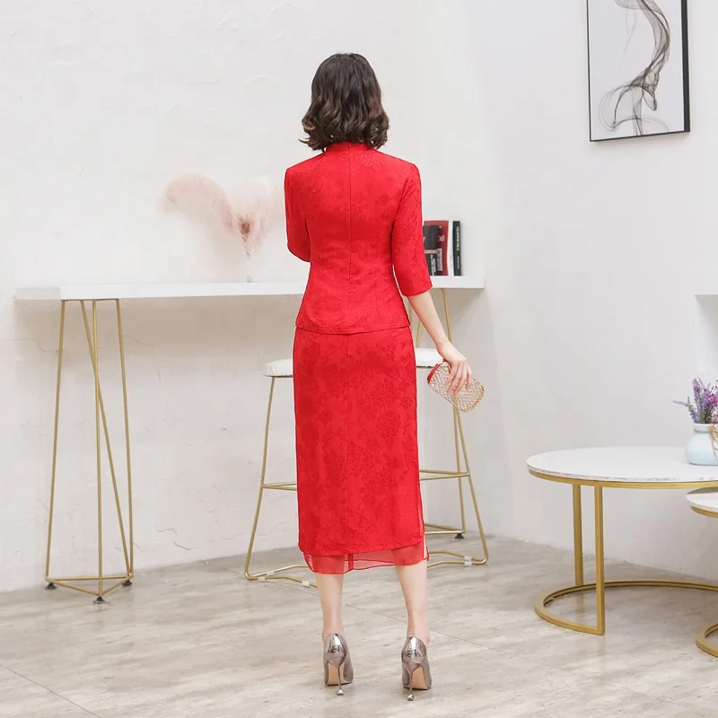 

Chinese Traditional Tang Cheongsam bride two piece set Red Qipao wedding party Dress For Women
