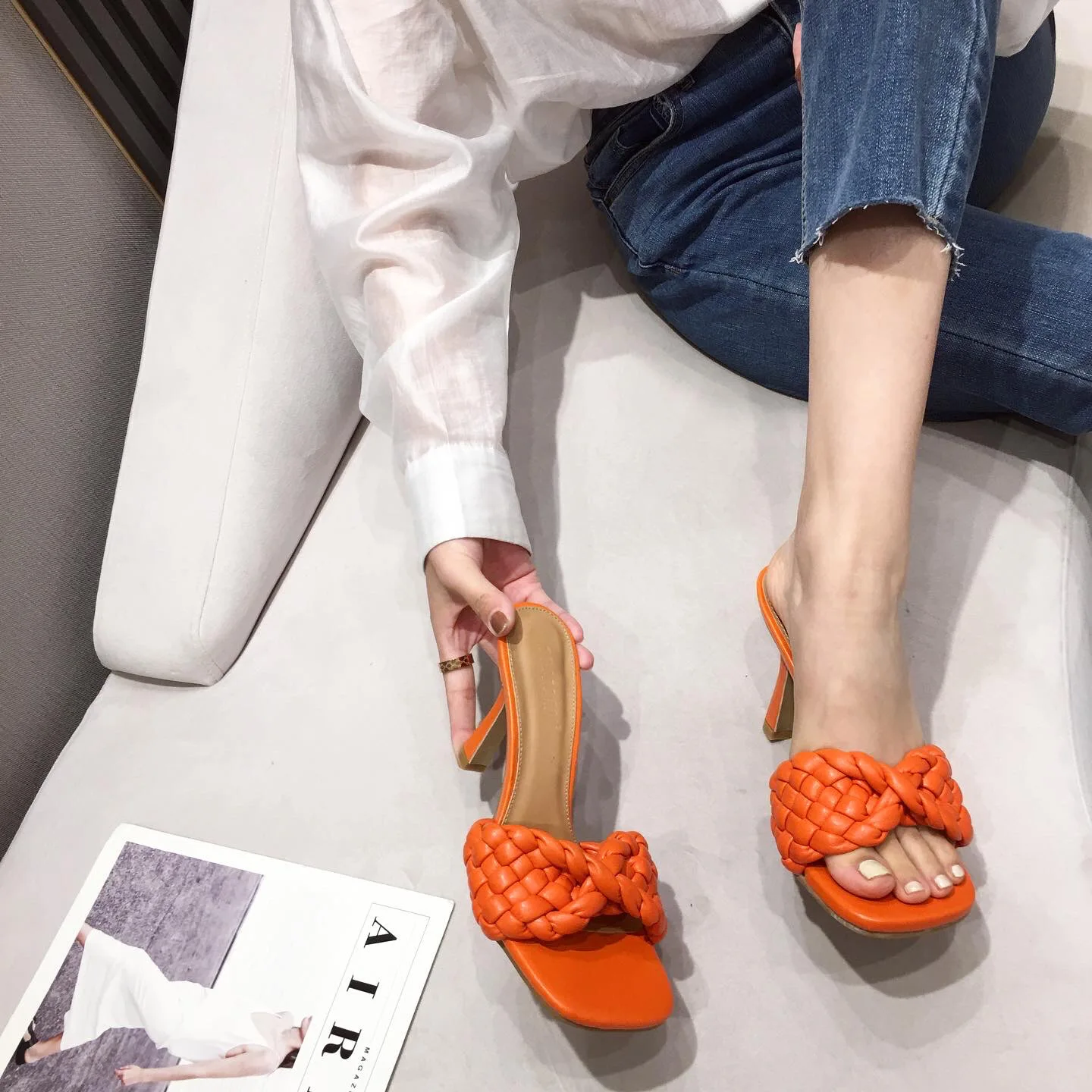 

2021 summer new fashion woven high heel women's shoes Square Head versatile thin heel sandals 42