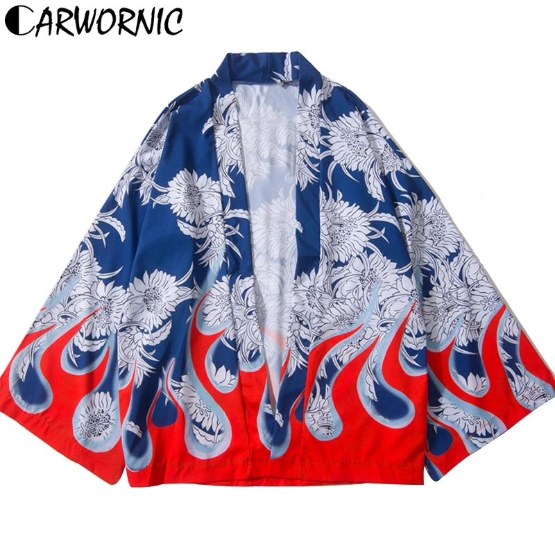 

CARWORNIC Japan Kimono Streetwear Shirts Men Harajuku Fire Flame Flowers Print Thin Shirt Casual Long Summer Sleeve Cardigan Coa
