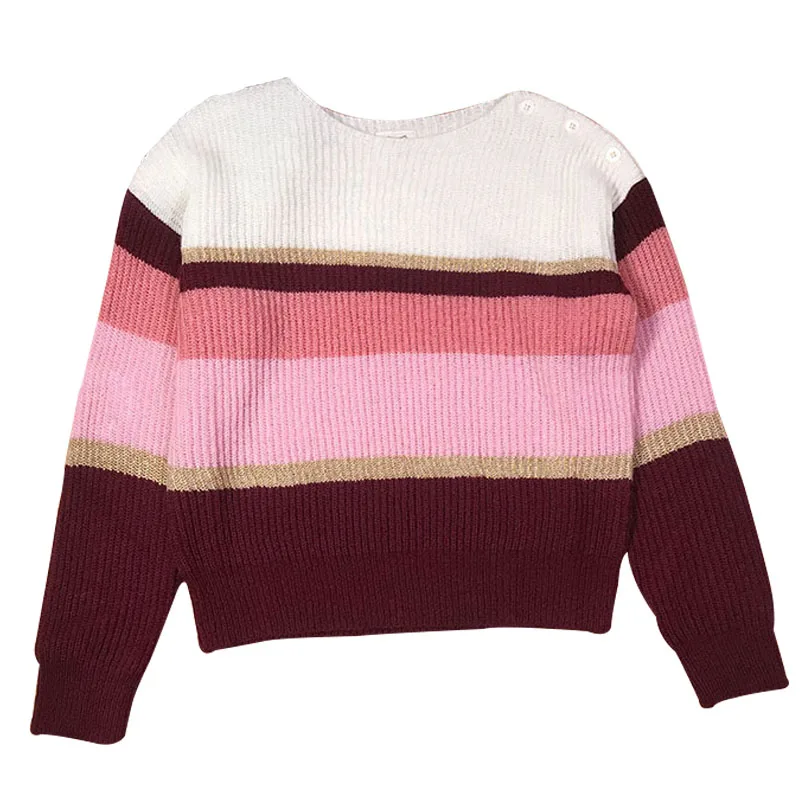 

Bean Paste Powder Striped Loose Neck Button Sweater Top Sweaters for Women