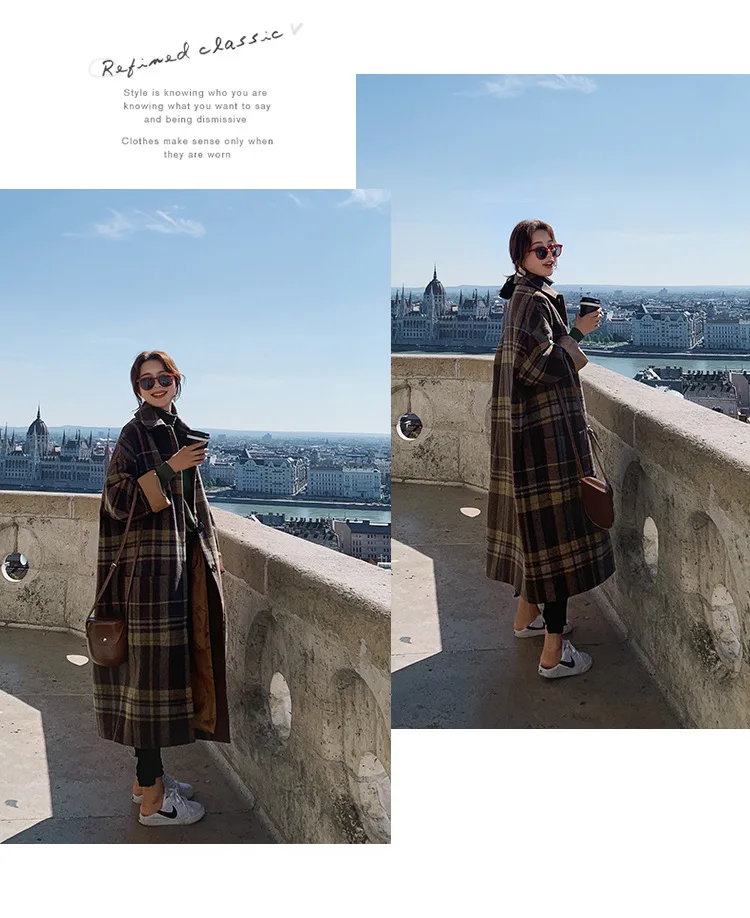 Шерстяное клетчатое пальто для фотосессии, женское, средней длины, зима, стиль, корейский стиль, модное, элегантное, свободное, Дафлкот, модное пальто