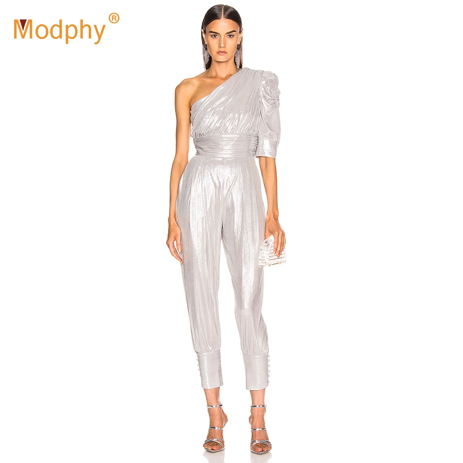 Осень 2019 новая мода Серебряный женский комбинезон халат сексуальный короткий