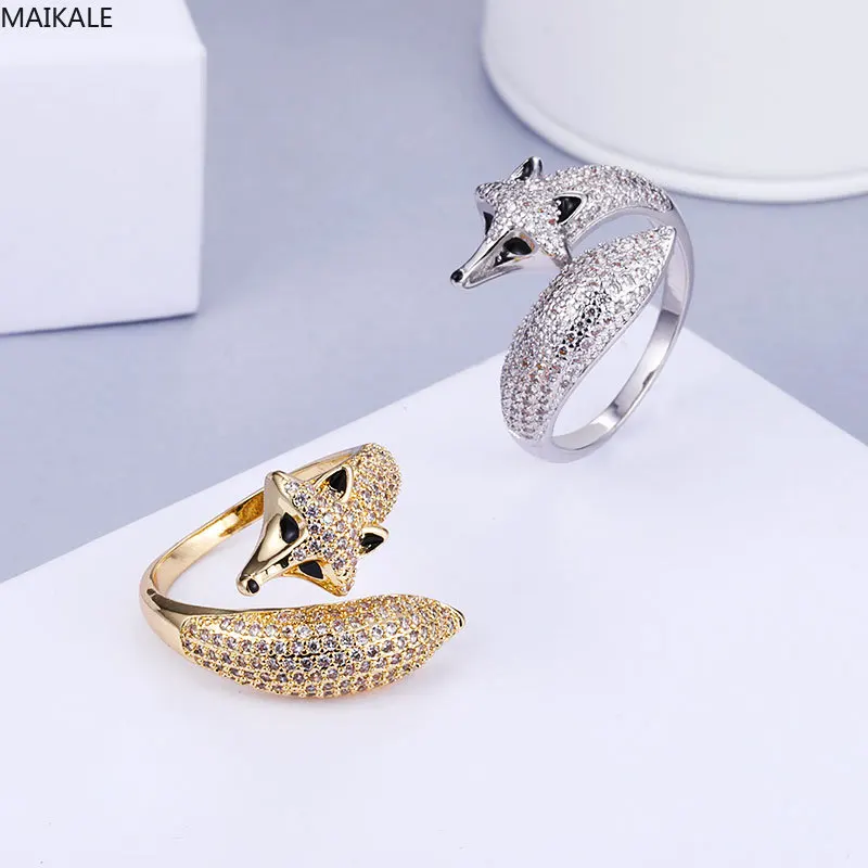 MAIKALE, очаровательные Регулируемые кольца с лисой для женщин, фианит, Открытое кольцо, золото, серебро, цвет, браслет на палец, корейская мода, ювелирные изделия, подарки
