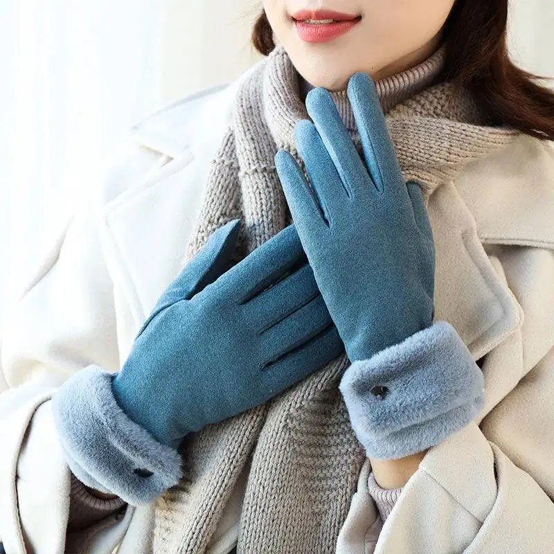 

New Women's Gloves Winter Autumn Warmth Touch Screen Thickening Cycling Driving Mittens Fuzzy Wrist Button Gloves
