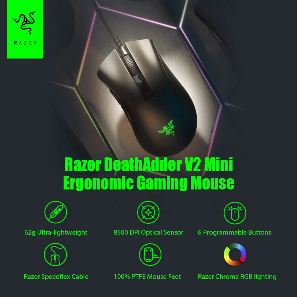 Razer DeathAdder V2 Mini Wired Gaming Mouse 8500DPI Chroma RGB Lighting 6 Programmable Buttons Game Computer Mice for Windows PC |