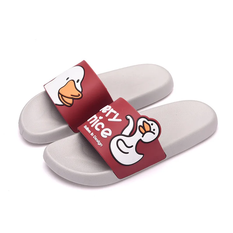 Duck Grey Red Летние домашние тапочки для девочек и мальчиков; детская пляжная обувь с единорогом и медведем; нескользящие Вьетнамки для ванной комнаты; шлепанцы для плавания - Цвет: Duck Grey Red