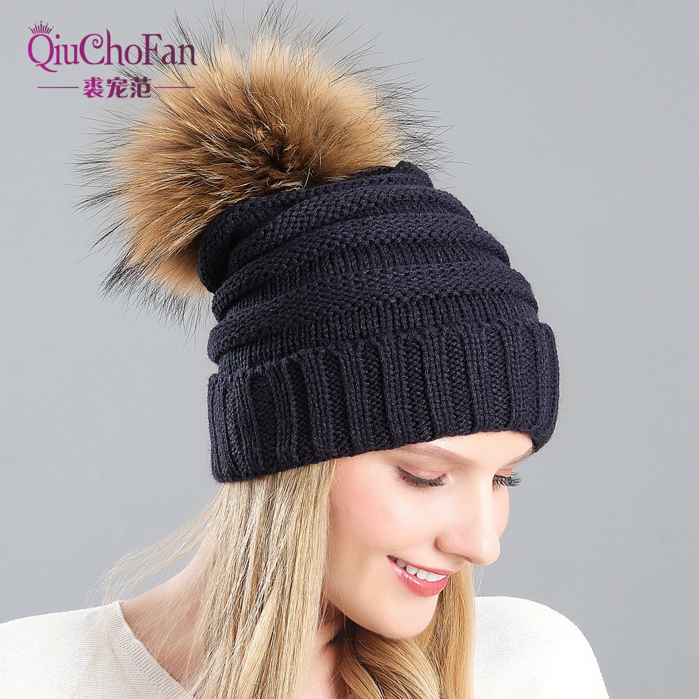 

Осенне-зимние вязаные шерстяные шапки для женщин, модные меховые шапки с помпоном, женские теплые шапки с натуральным мехом енота