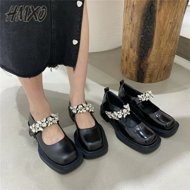 

Туфли HMXO кожаные женские на толстой подошве, феи Мэри Джейн, Горох, Ретро стиль Jk Lolita, милые шикарные лоферы в британском стиле