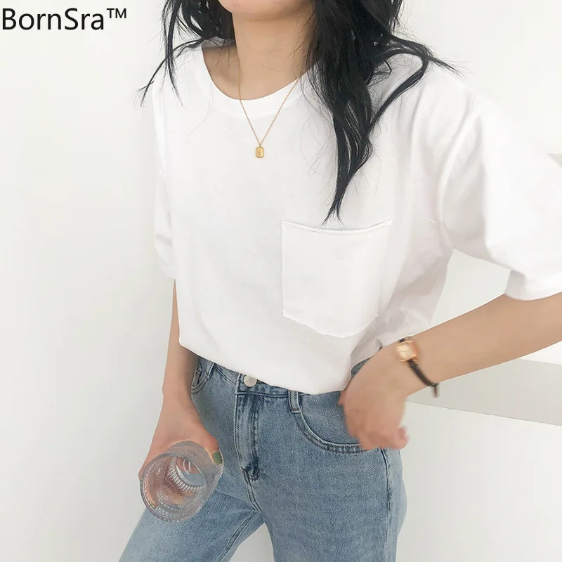 

Bornsra Pocket Side Slit Short Sleeve T-shirt Female 2020 Spring Summer Korean Style Loose 100% Cotton O-Neck Womens Clothing