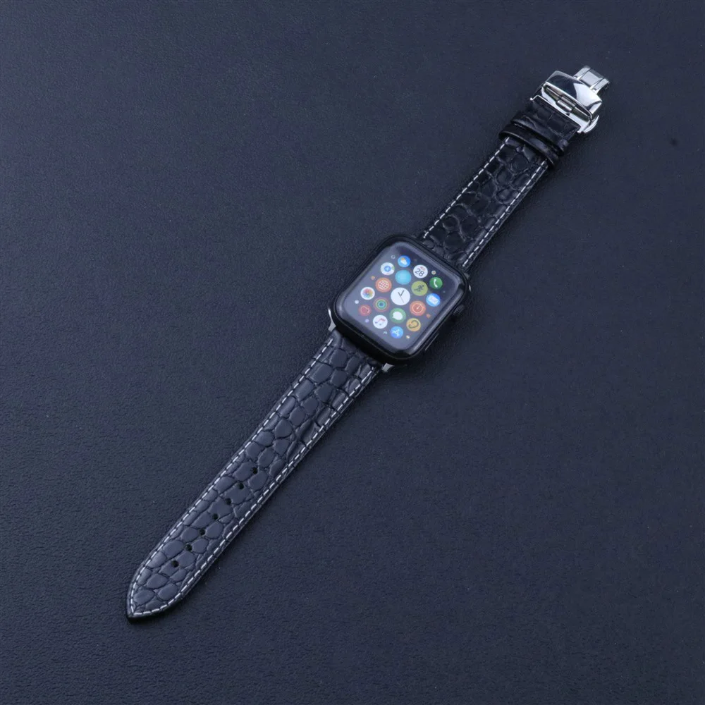 Crocodile Pattern Genuine Leather Butterfly buckle Watch strap for Apple Watch iwatch series 5/4/3/2/1 38mm 40mm 42mm 44mm