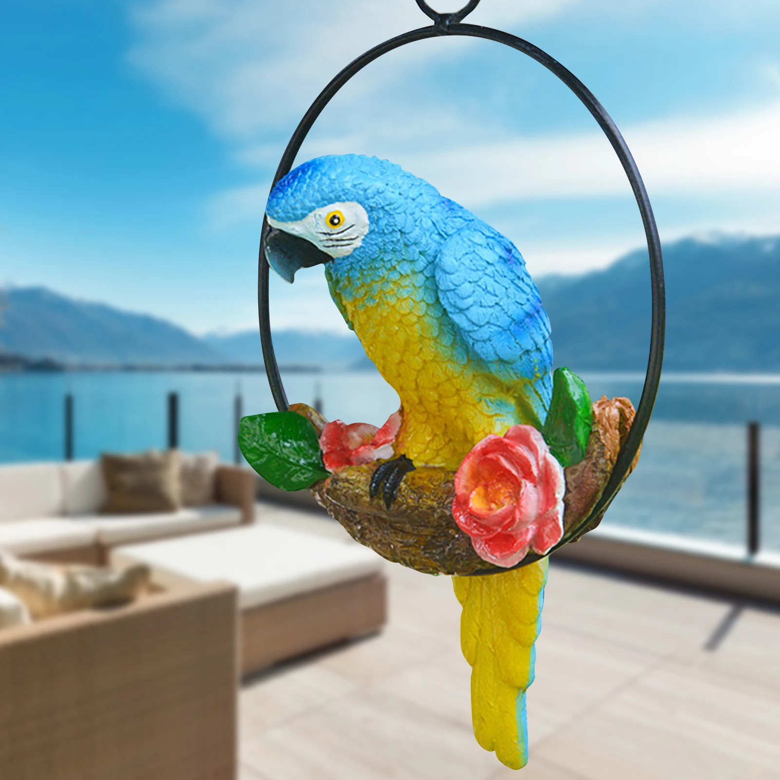 

Hang Parrot Statue Perch On Metal Ring Birds Model Lawn Ornament Innovative Iron Ring Parrot Home Desktop Garden Decoration New