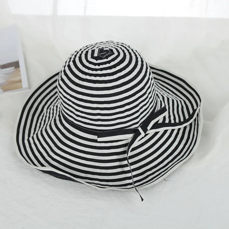 H7469 черно-белая полосатая Ткань банта Женская Солнцезащитная шляпа летний отдых
