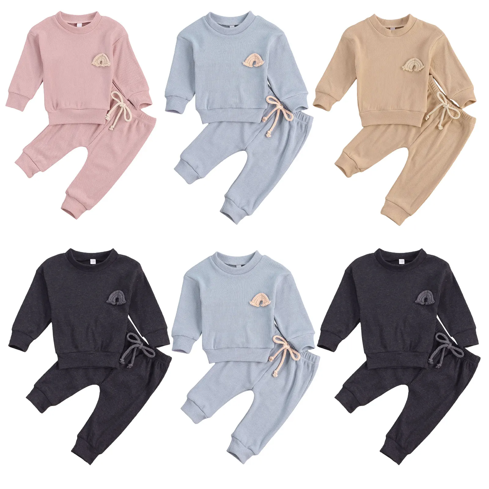 

Baby Boy Girl Solid Color Clothes Set Casual Long Sleeve O-neck Tops T-shirts+Drawstring Waist Long Pants 2pcs Outfits