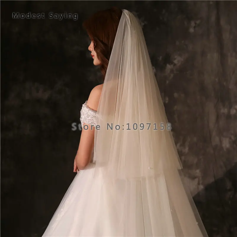 Элегантные цвета шампанского 3 метра 2 слоя бисером Соборные Свадебные вуали 2019 с