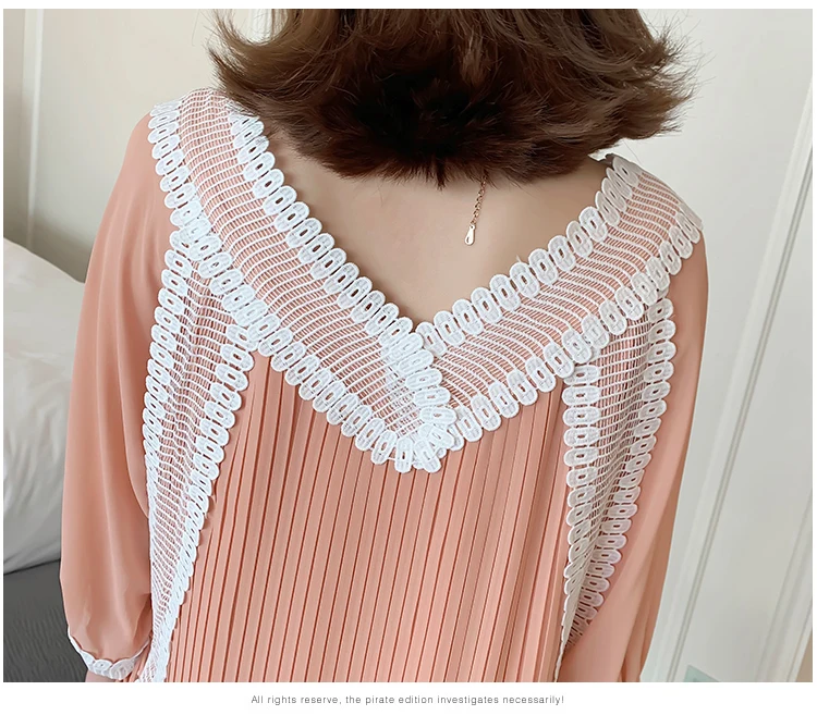 Summer Sleeveless/Long Sleeve Maternity Chiffon Pleated Dress V-neck Lace Patchwork Tassel Hem Pregnant Women Dress Sweet