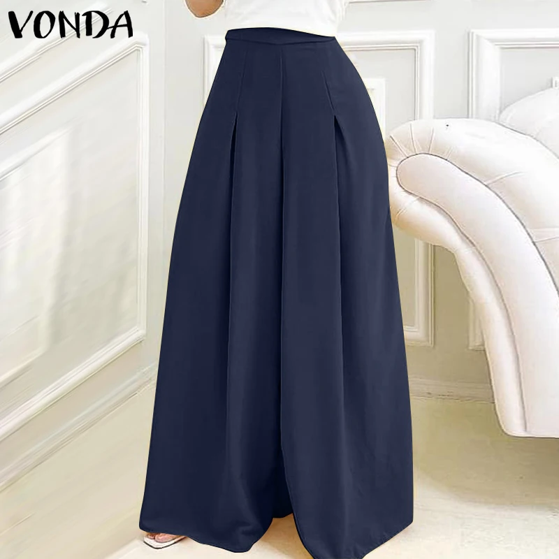 

VONDA Women's Trousers 2021 Autumn Solid Party Pantalones Ladies Loose High Waist Wide Leg Long Pants Elegant Streetwears