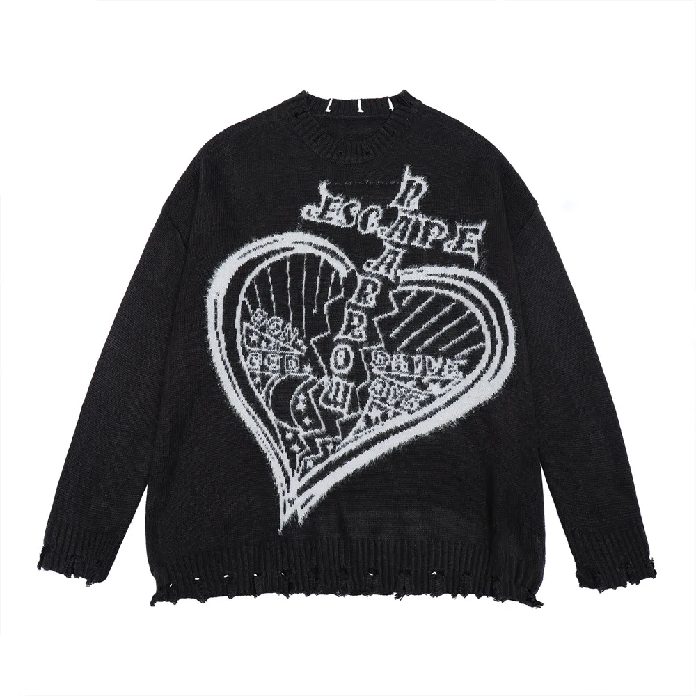 

Винтажный Мужской свитер, жаккардовые вязаные пуловеры с сердечками, трикотажная одежда с асимметричными дырками, уличная одежда, свободны...