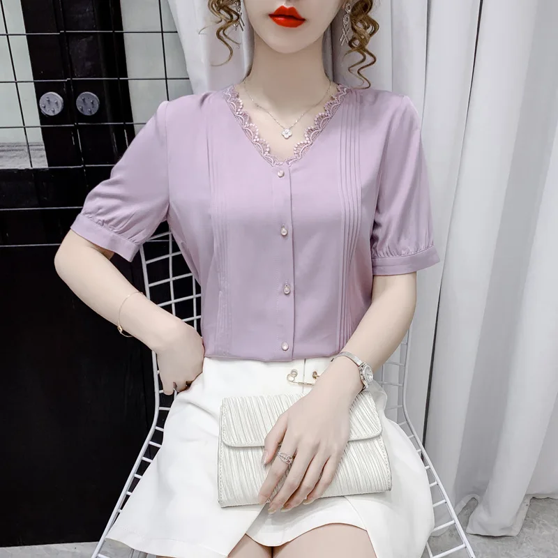 

Houthion Chiffon Loose Women's Blouses Fashion Short Sleeve Top New Casual Blouse Solid Color Buttons V-neck Shirt Summer