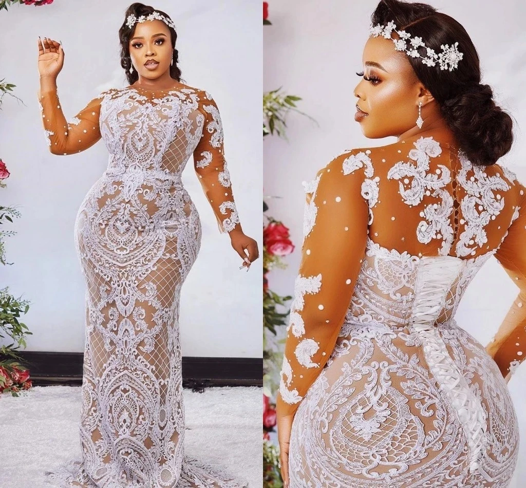 

Arabic Lace Mermaid Wedding Dresses Sheer Neck Full Sleeves Bridal Gowns Illusion Aso Ebi Vestido De Novia Appliques