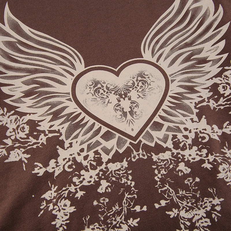 Rockmore Brown Vintage Print Long Sleeve T-Shirt Women Casual O-Neck Top Y2K Aesthetic Basic Graphic Baby Tees 90s Fairy Grunge