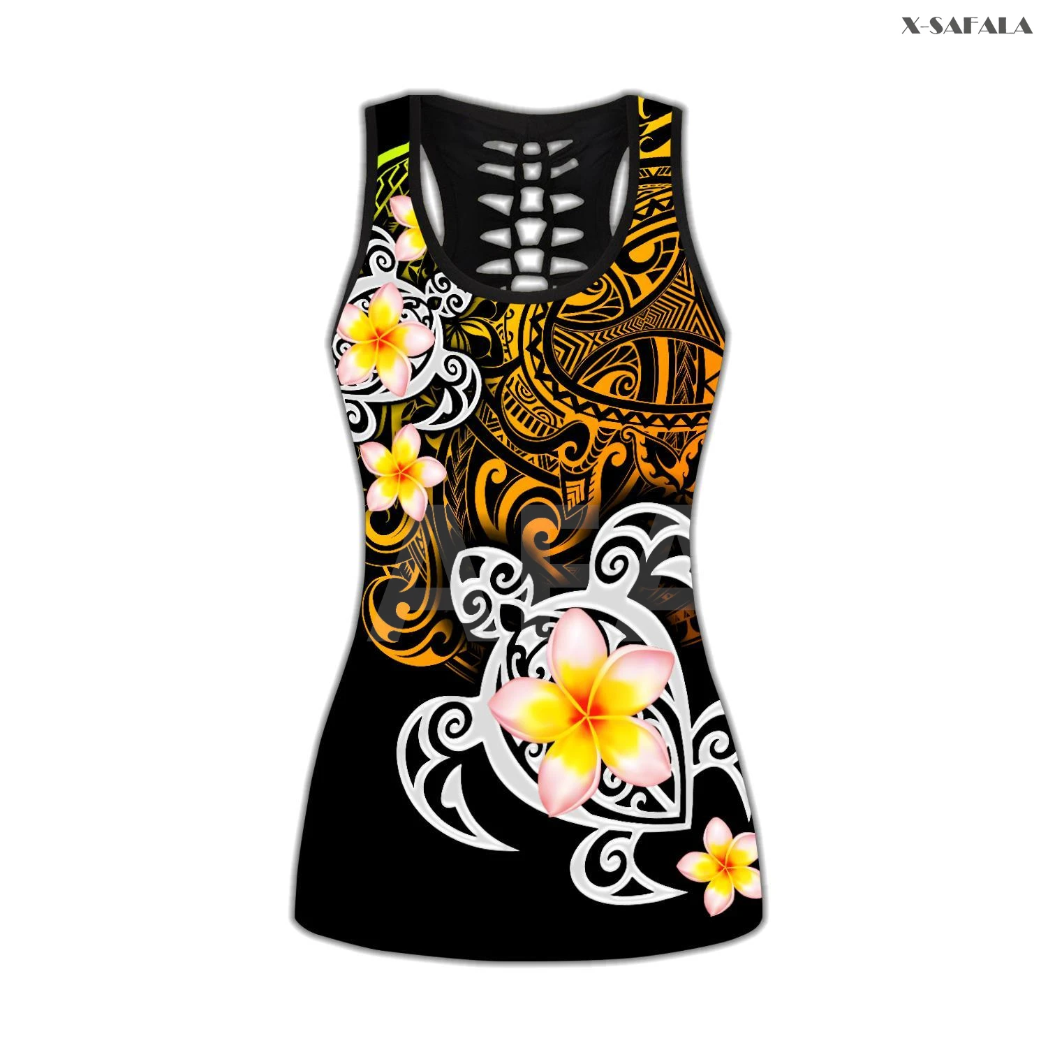 Polynesian Hibiscus Hawaii 3D Printed Women Yoga Set Combo Hollow Out Tank Top Legging F27 Vest High Waist Gym Sport Elastic