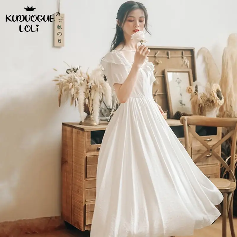 Женское летнее платье в стиле ретро милое белое ТРАПЕЦИЕВИДНОЕ миди с пышными