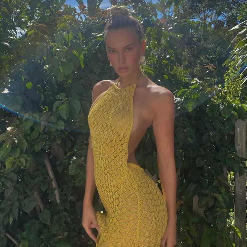 

Sexy Backless Maxi Dress Women Sleeveless Halter Bodycon Knitted Hollow See Through Summer Beachwear Holiday Long Split Dresses