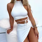 Женский длинный костюм с лямкой на шее, сексуальный комплект из двух предметов, укороченный топ с открытой спиной и юбка миди с разрезом для клувечерние, летняя одежда для отпуска