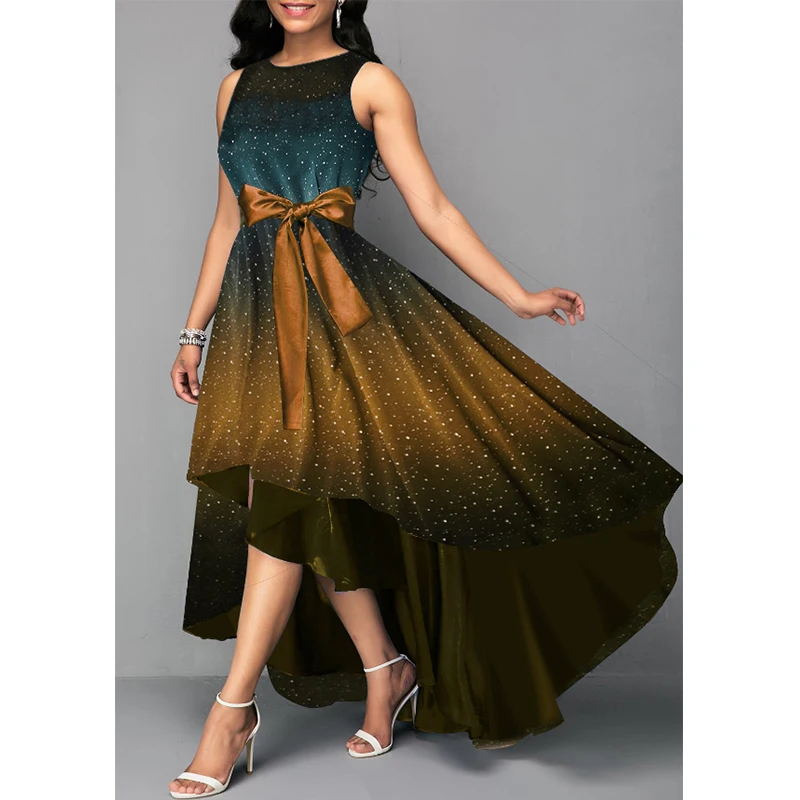 Летнее модное женское платье без рукавов с градиентом блестками и асимметричной