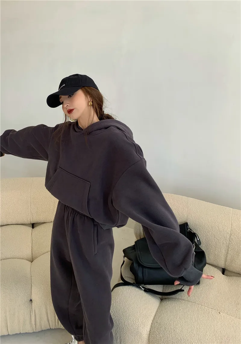 

2021 Spring Women Hoodies Sweatshirt Tracksuit Fleece Cotton 2 Pieces Sets Pants Suits