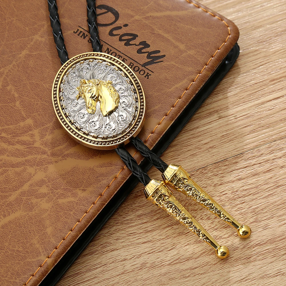 Female Western Cowboy bolo Tie Horse Head Eagle Head Bull Head Zinc Alloy Plating Process Leather Collar Rope Men and Women Suit images - 6